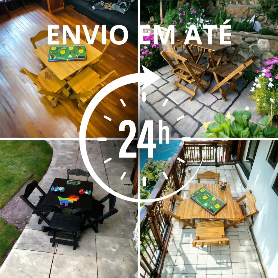 Kit quatro cadeiras e uma mesa infantil de madeira