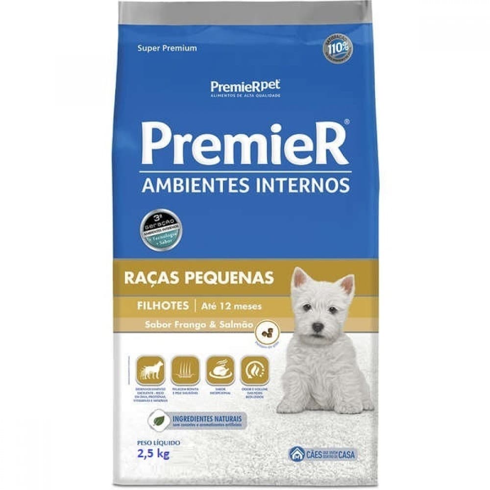 Ração Premier Ambientes Internos2,5Kg Cães Filhotes Raças Pequenas Alimento Frango e Salmão Cachorro