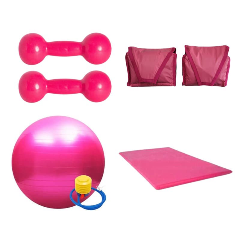 Kit Treino Aeróbico Completo Par Halter 1 Kg Rosa + Caneleira 1 Kg + Bola Suiça Pilates + Colchonete