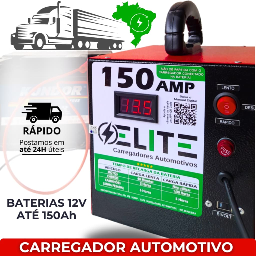 Carregador de bateria 12v Até 150amperes, Turbo Velocidade, Bivolt, Turbo Ventilação Display Digital
