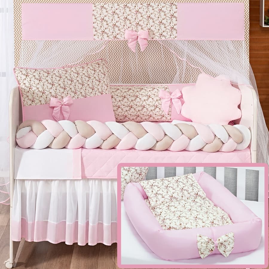 Kit Berço Doce De Bebe Rosa Slim 11 Peças Padrão Americano + Ninho redutor Doce De Bebe Rosa 4 Peças