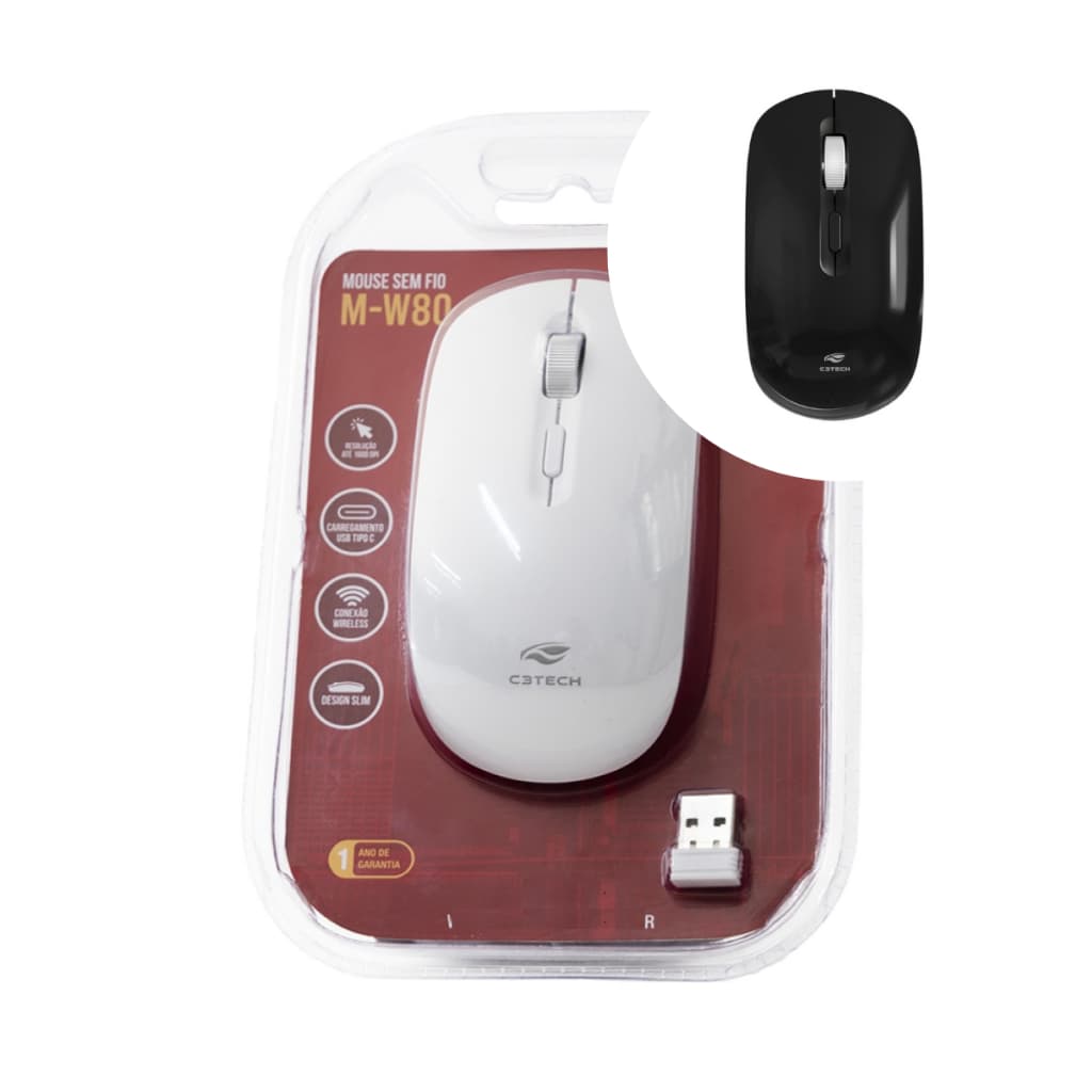 Mouse Sem Fio Recarregável Branco Slim Bateria interna Longa Duração Carregamento USB-C 1600dpi M-W80 C3Tech
