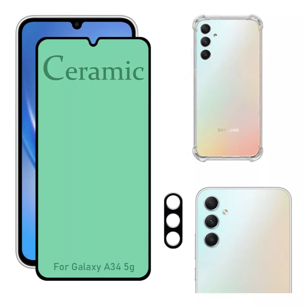 Kit Para Samsung Samsung Galaxy A34 | Película Cerâmica 9D - Capa Anti Shock - Película da Câmera 3D