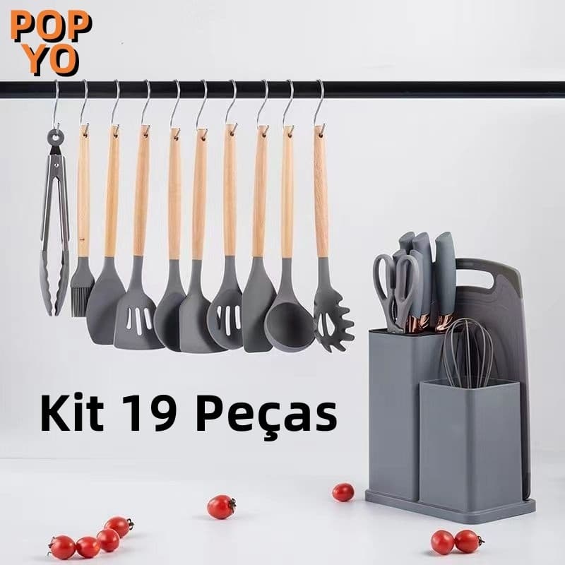 Kit 19 Peças - Jogo de Utensílios de Cozinha em Silicone Completo - Antiaderente e Resistente ao calor O kit de ferramentas de cozinha inclui facas, espátulas, colheres, conchas para chefs profissionais ou cozinheiros domésticos