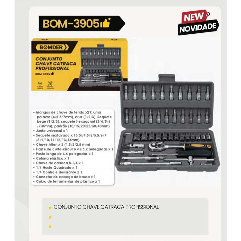 Maleta Jogo Conjunto Chave Catraca Reversível 46 Peças 1/4'' Soquetes resistente aço inox BOMDER