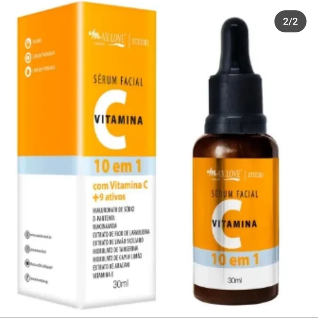Max Love Sérum Facial Vitamina C 10 em 1 com + 9 Ativos Hialuronato de Sódio, D-Pantenol, Niacinamida, Estrato de flor de Laranjeira, Extrato de Limão Siciliano,Hidrolato de Tangerina, Hidrolato de Capim Limão, Extrato de Abacaxi, Vitamina E