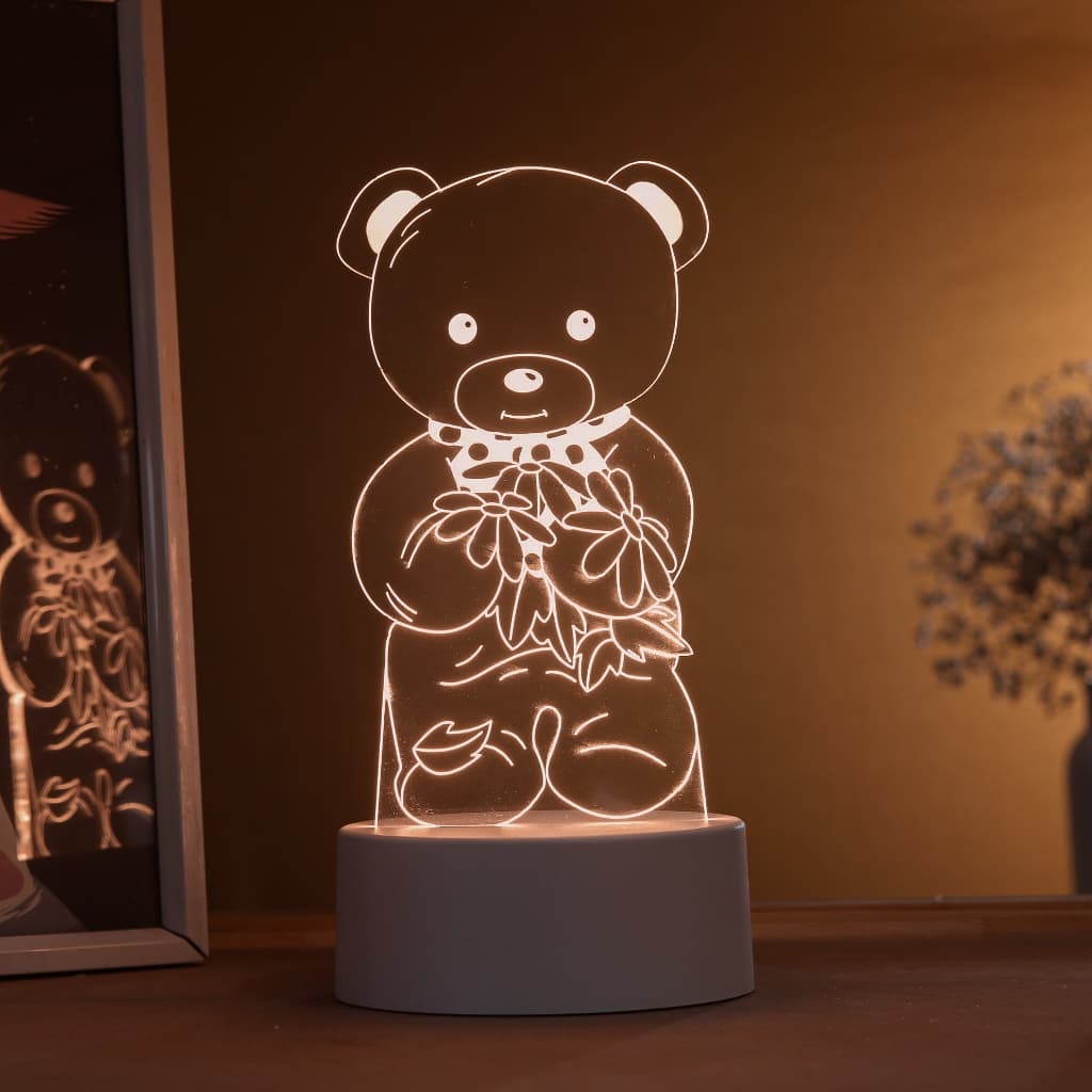 Luminária LED 3D de Mesa / Luz Noturna Presente/ Decoração - ursinho com flores,animais