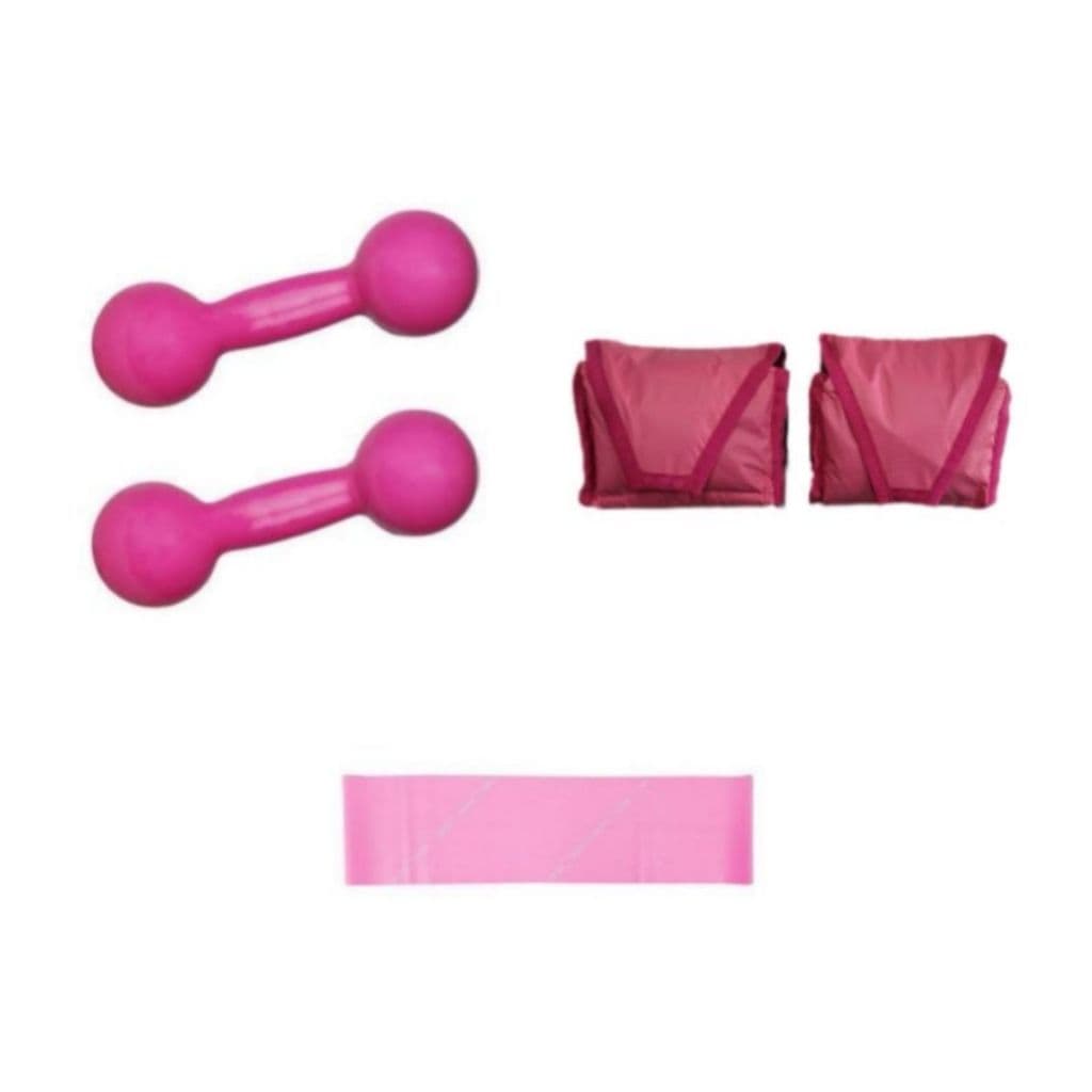 Kit Combo Treino Academia Par Halter 1 Kg Rosa + Par Caneleira 1 Kg + Elástico