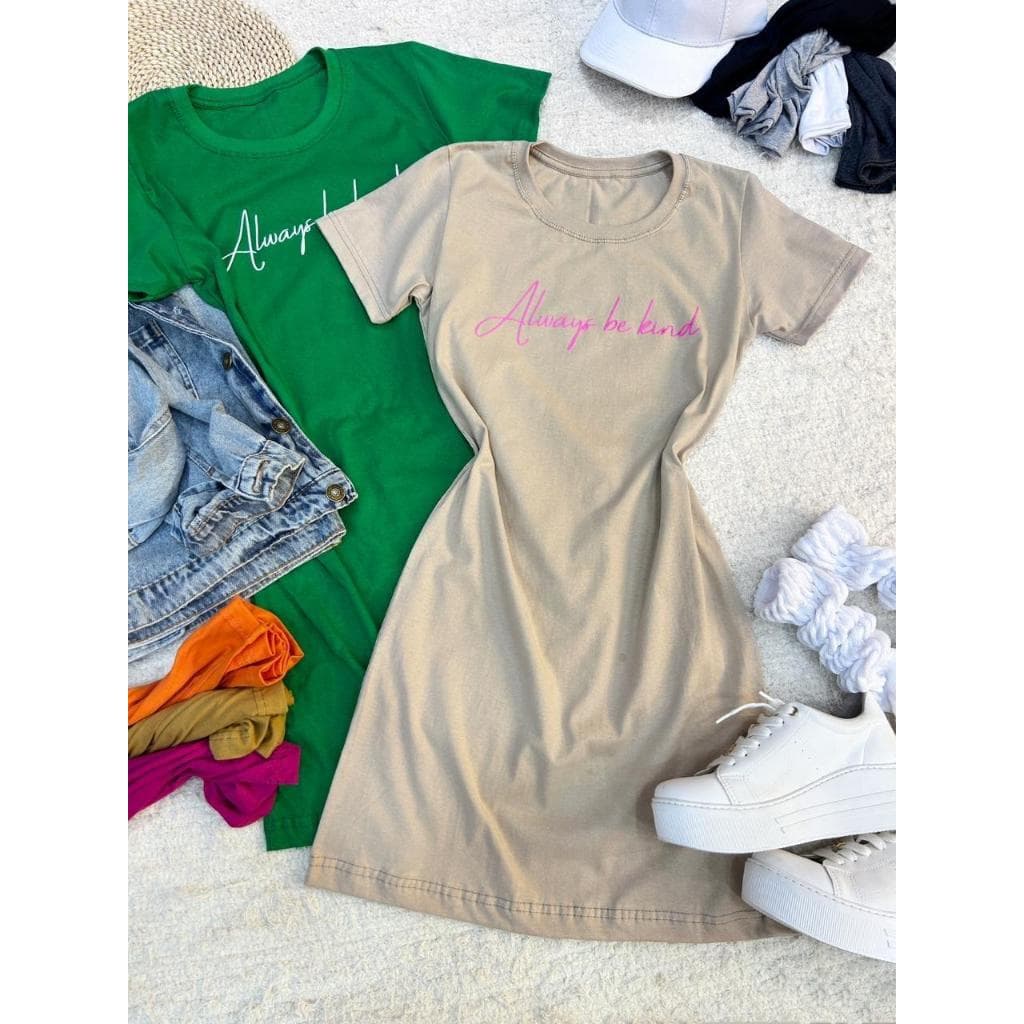 Vestido Feminina Carta ocasional Vestido de algodao com manga curto Gola Redonda Social, Casual, Always Be Lind