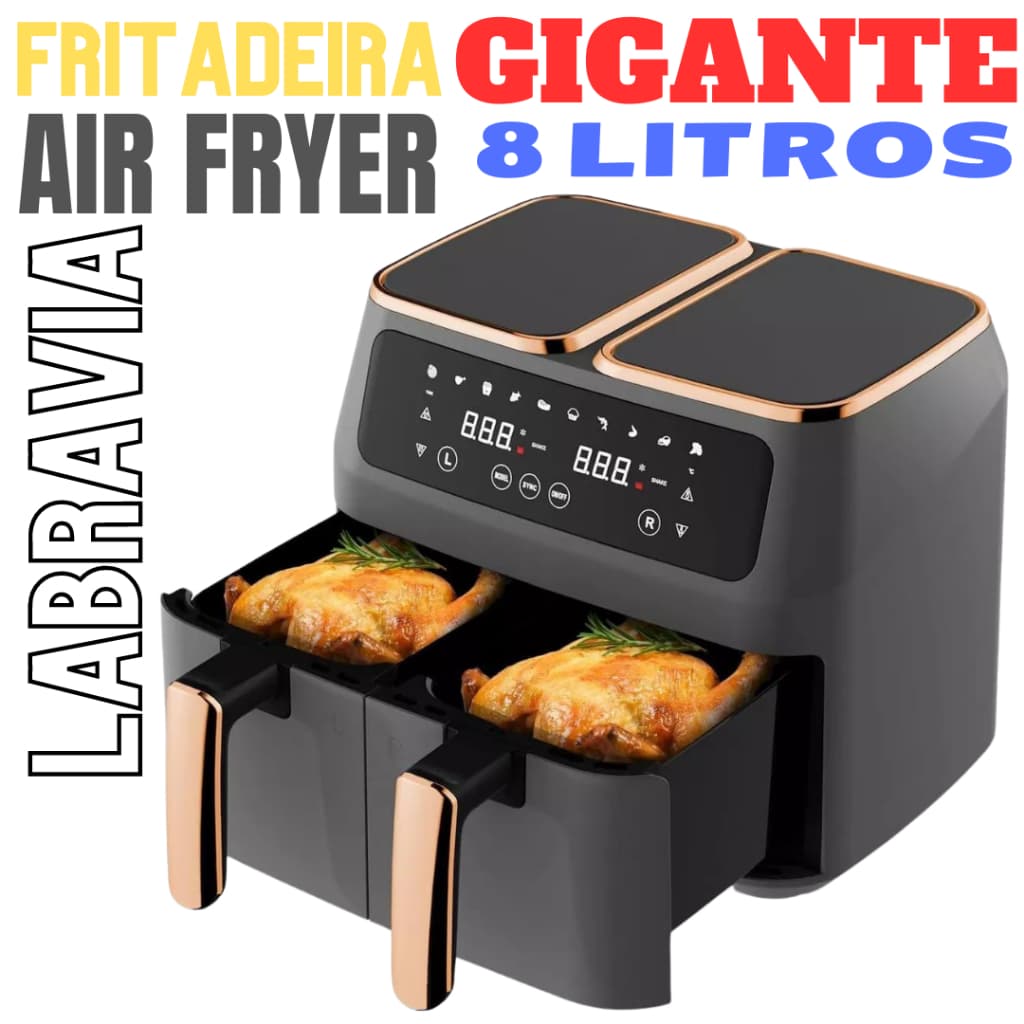 FRITADEIRA GIGANTE  DE 8 LITROS  C/ DUPLO CESTO / AIR FRYER DUAL POT 1.800W. TOUCH DIGITAL.
