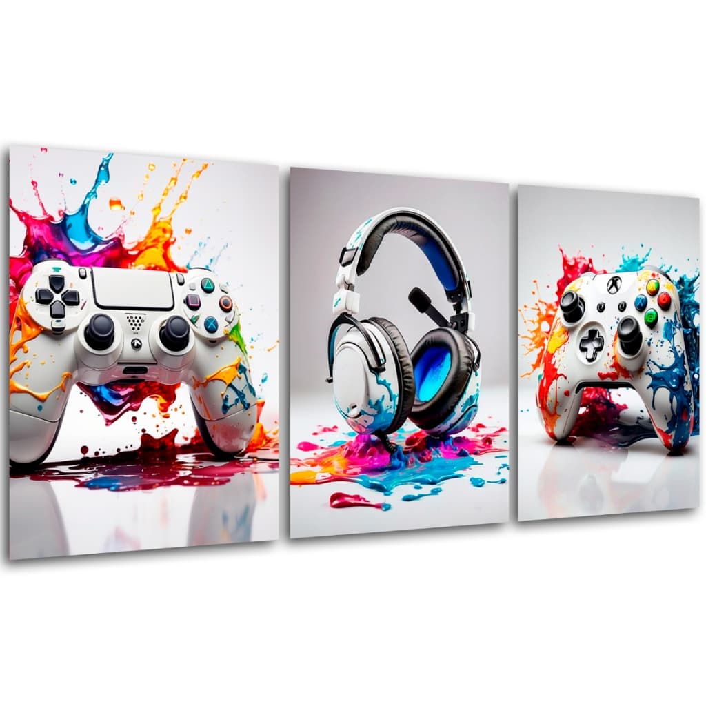 Kit 3 Quadros Decorativos Gamer Nerd Geek Controle Headset Quarto Sala Videogames Moderno