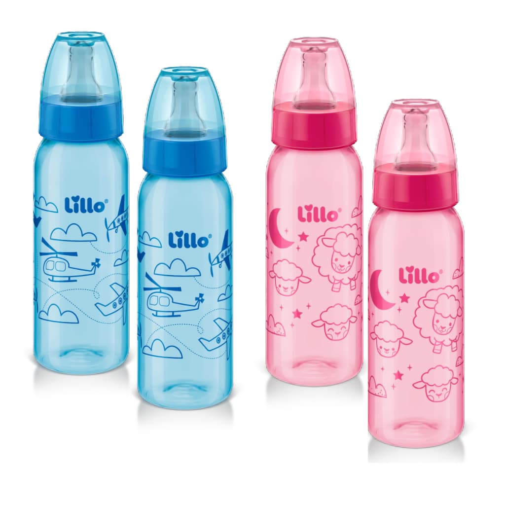 Kit 2 Mamadeiras Bico Reto Lillo Divertida 240ml Tampa Antivazamento Fluxo Médio Tam 2 +6 Meses