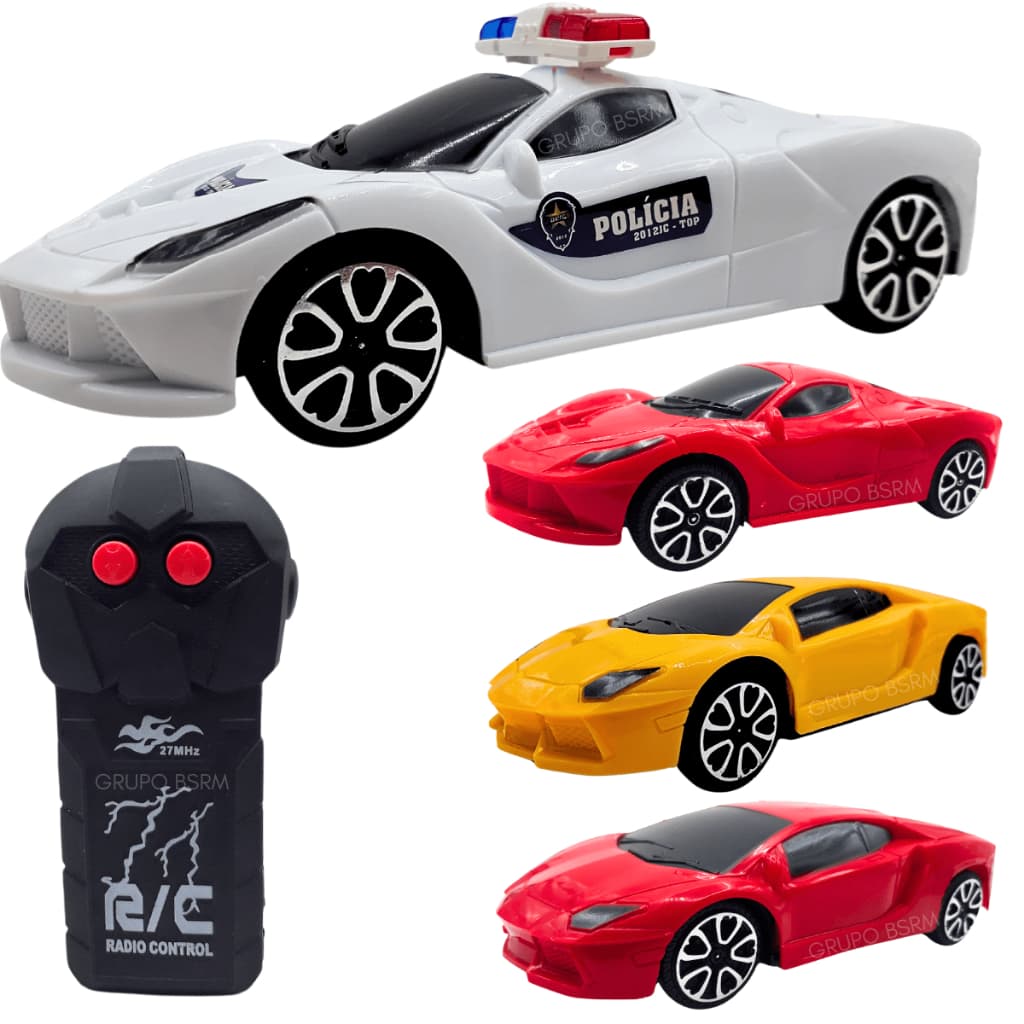 Brinquedo Carrinho de controle remoto barato presente 5 anos criança de policia vermelho amarelo branco 17cm escala 1:24