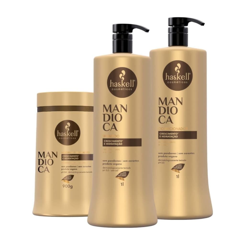 Kit Haskell Mandioca Máscara Hidratante 900g Shampoo Condicionador 1000ml Para Cabelos Femininos Cuidados com o Cabelo