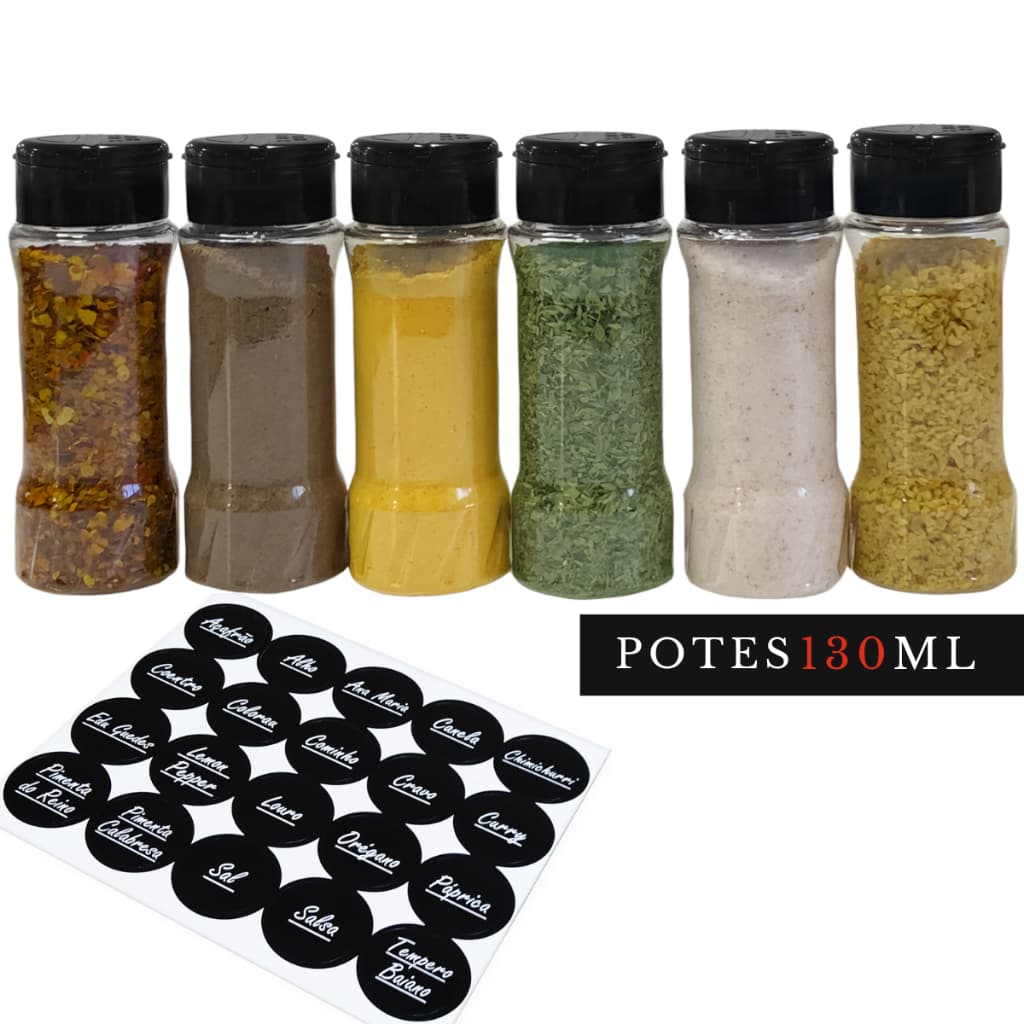 Kit 6 Potes de Plástico Tempero Condimento com Tampa Dosadora Dupla + Etiquetas