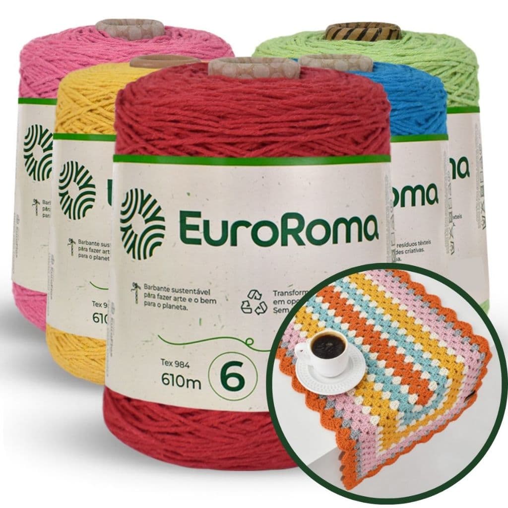 Kit 5 Barbante Euroroma 600g Fio 6 e Fio 8 Crochê Artesanato Tapete Tricô - Escolha as Cores Tear Sousplat Amigurumi