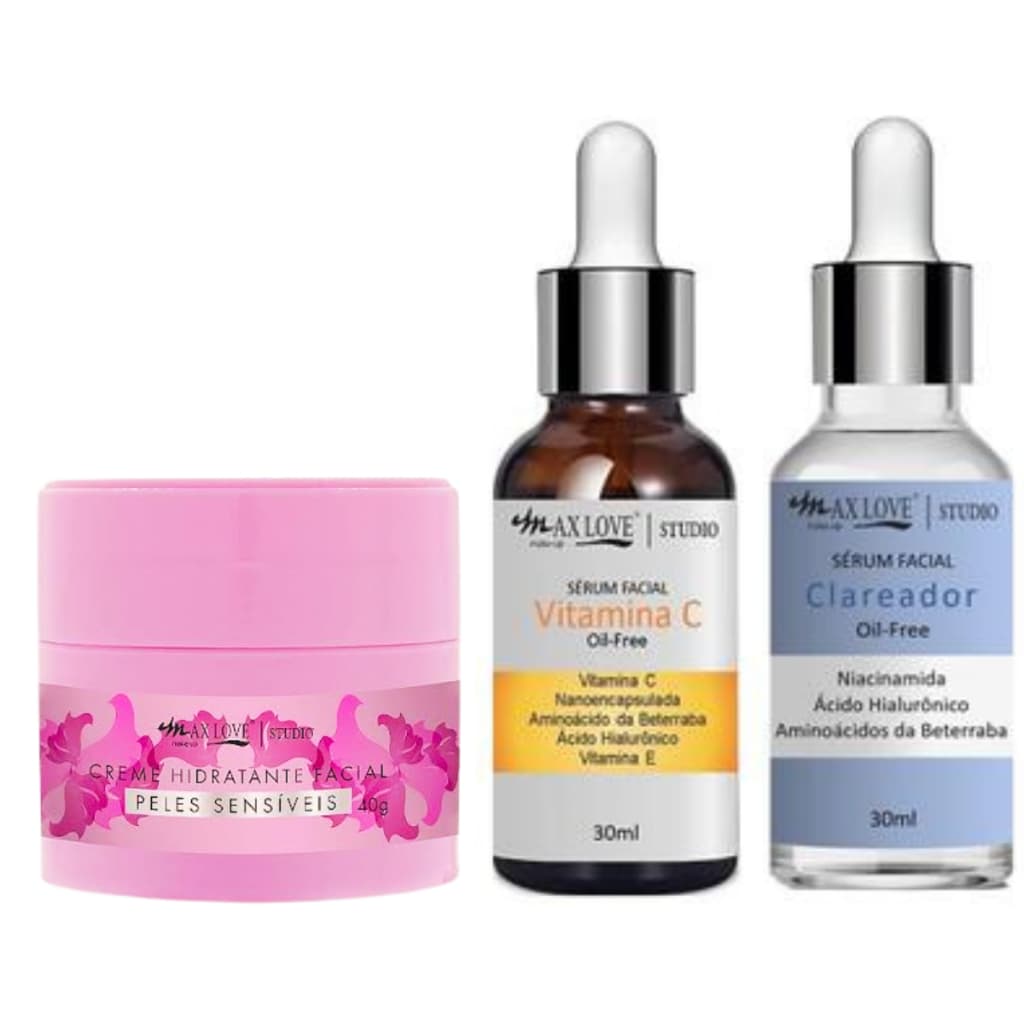 Kit Skin Care Serum Clareador Max Love + Serum Vitamina C e Creme Pele Sensiveis Max Love o Fim de Manchas e Pele Ressecada