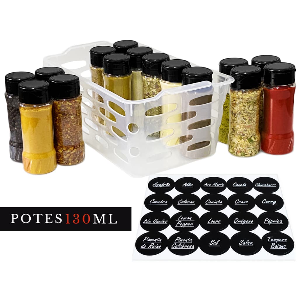 15 Potes de Tempero e Condimentos Com Cesto Versátil + Etiquetas