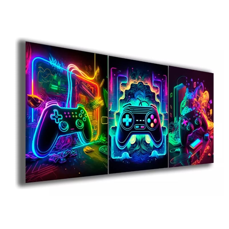 Quadro Decorativo Controle Video Game Neon LED 3 Peças Quarto Gamer Sala Escritório Decoração