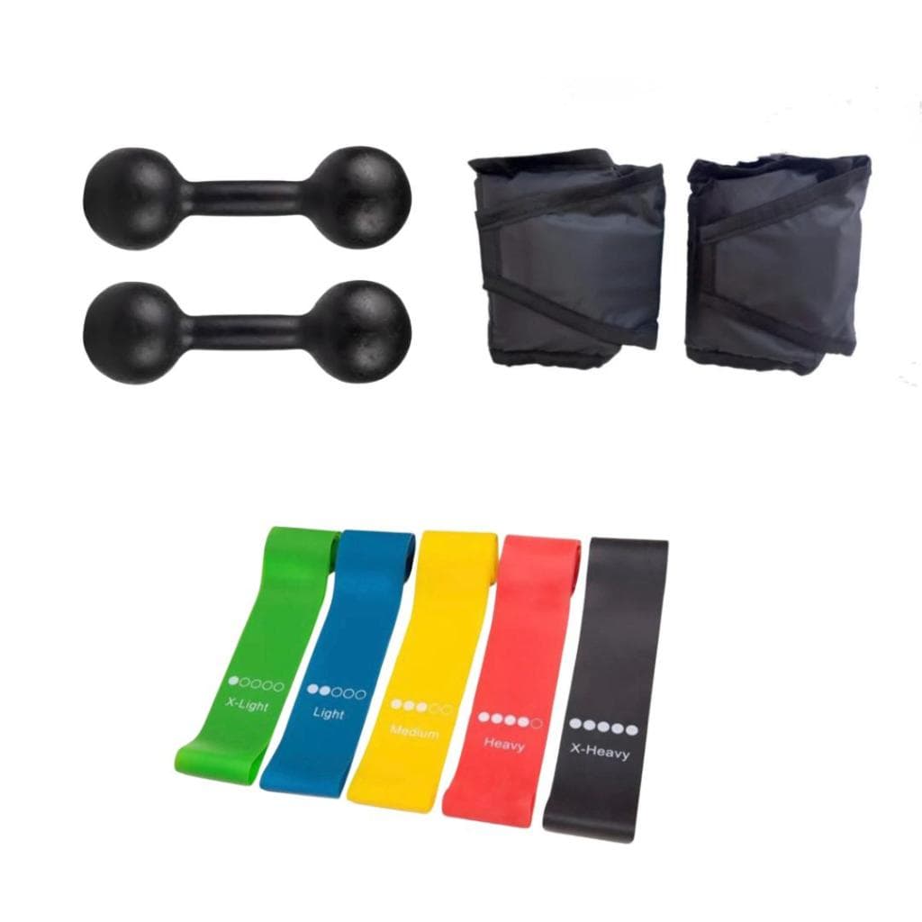 Kit Treino Academia Par Halter 1 Kg Pintado + Caneleira 1 Kg Preta + Kit Theraband 5 Elásticos Para Treino