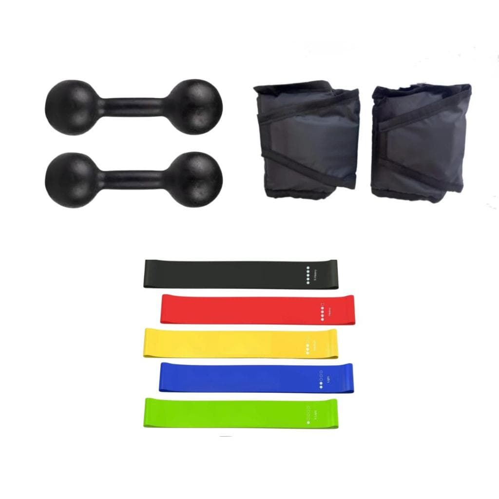Kit Treino Completo Fisioterapia Par Halter 2 Kg Pintado + Par Caneleira 2 Kg Peso De Perna + Kit Theraband