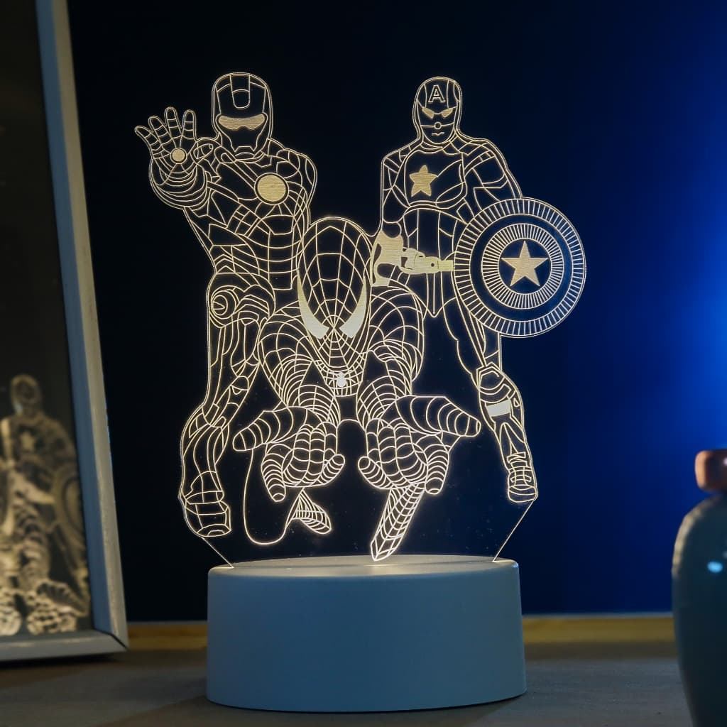 Luminária LED 3D de Mesa / Luz Noturna - Homem Aranha, Homem de Ferro e Capitão América, Filme, Série, Ação