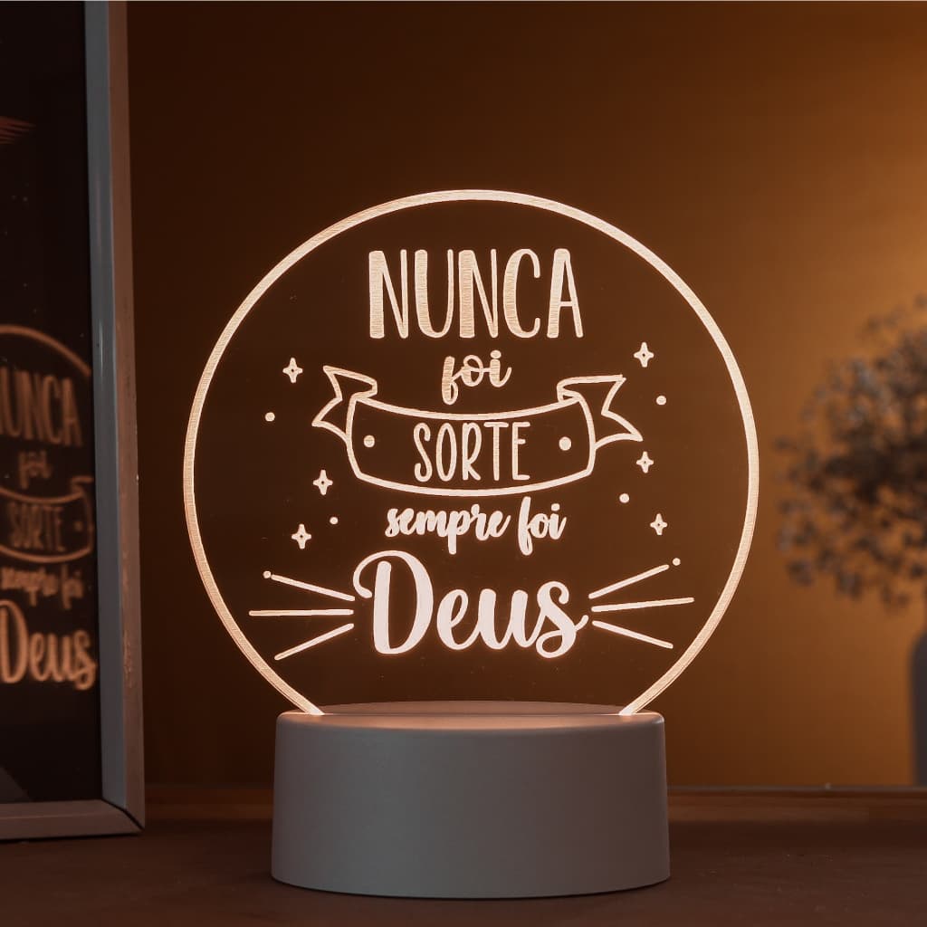 Luminária LED 3D de Mesa / Luz Noturna Presente Criativo / Decoração - nunca foi sorte, sempre foi Deus, frases religiosas
