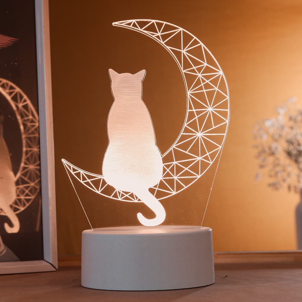 Luminária LED 3D de Mesa / Luz Noturna Presente Criativo / Decoração - gato na meia lua, animais, pets