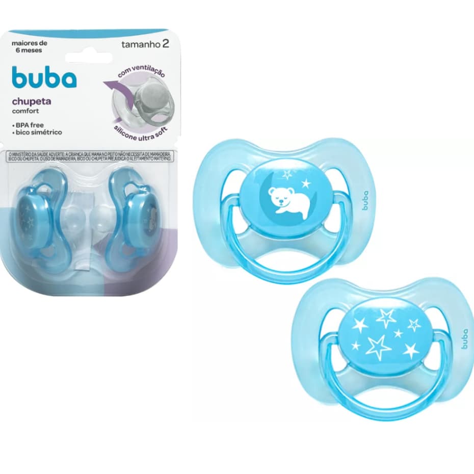 Kit Chupetas Tamanho 2 (+6 Meses) Comfort - Azul Ursinho/Estrela Ultra Soft - Buba