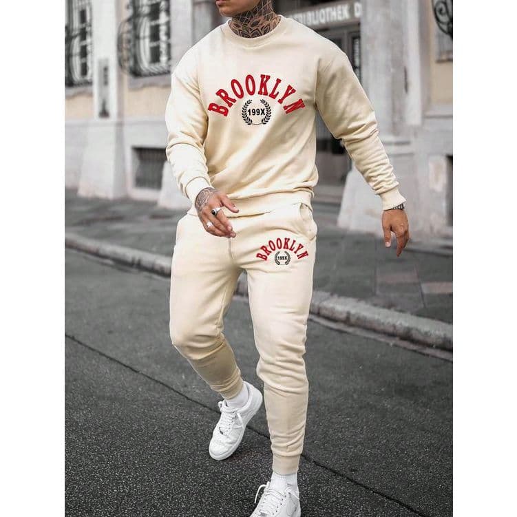Conjunto Moletom Gola Redonda Brooklyn + Calça De Moletom Bege Esportiva Inverno Premium