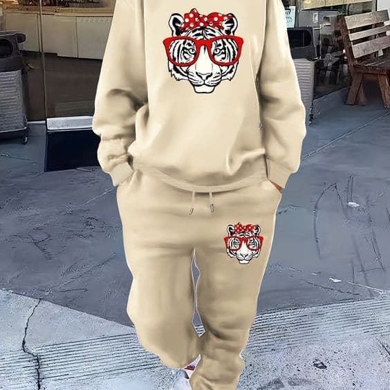 Conjunto Moletom Gola Redonda Tigre Feminino + Calça De Moletom Minimalista Esportiva Inverno Premium