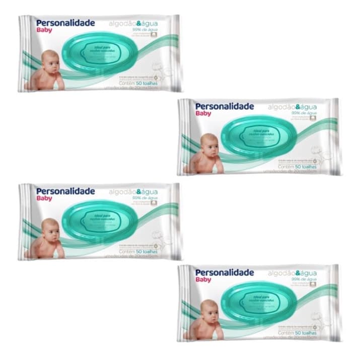 Kit 4 unidades lenço Umedecido Personalidade Baby Algodão E Água 50 Unidades cada
