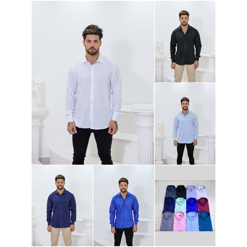 Camisa Social Masculino Microfibra Lisa Slim Fit Manga Longa Sem Bolso- Ester Social