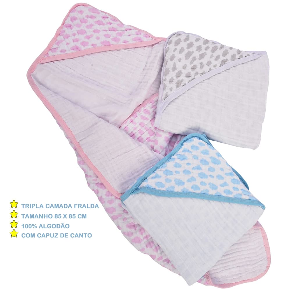 Toalha Fralda Soft Bebê Recém Nascido Nuvens Tripla Camada