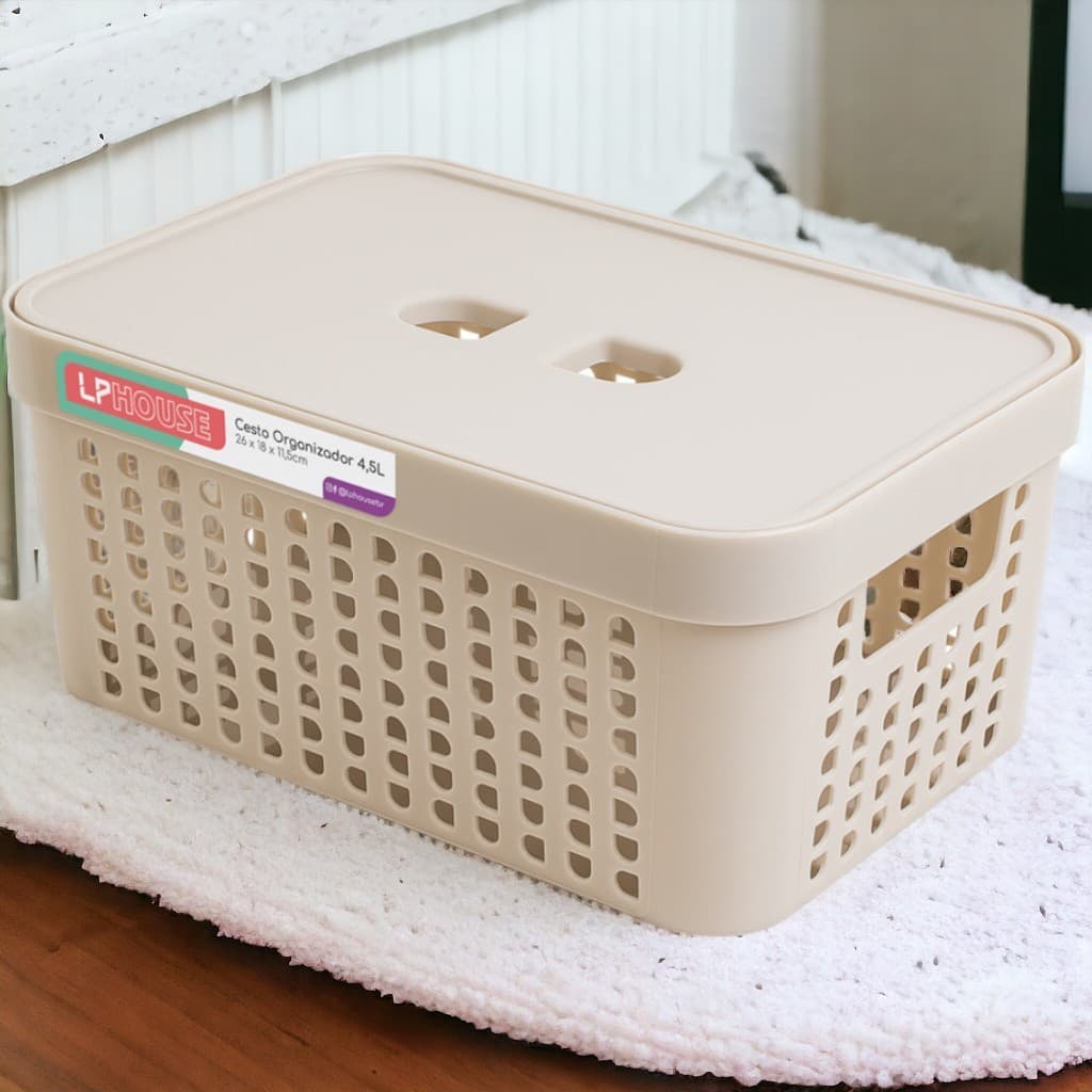 Caixa Organizadora Grande Com Tampa 4,5 Litros Rattan Resistente em Plástico Cozinha Multiuso Casa