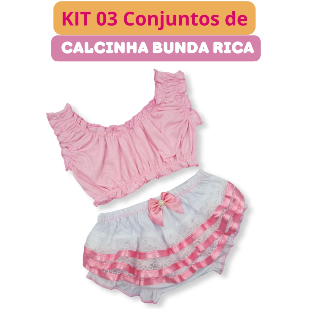 Kit 03 Conjunto Calcinha Bunda Rica Infantil Menina Tapa Fralda