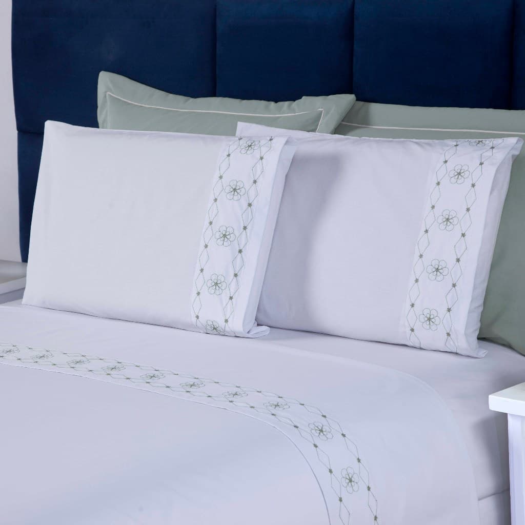 Jogo de Cama Lençol Percal 200 Fios Kit Roupa de Cama Casal Queen Bordado Quarto Luxo
