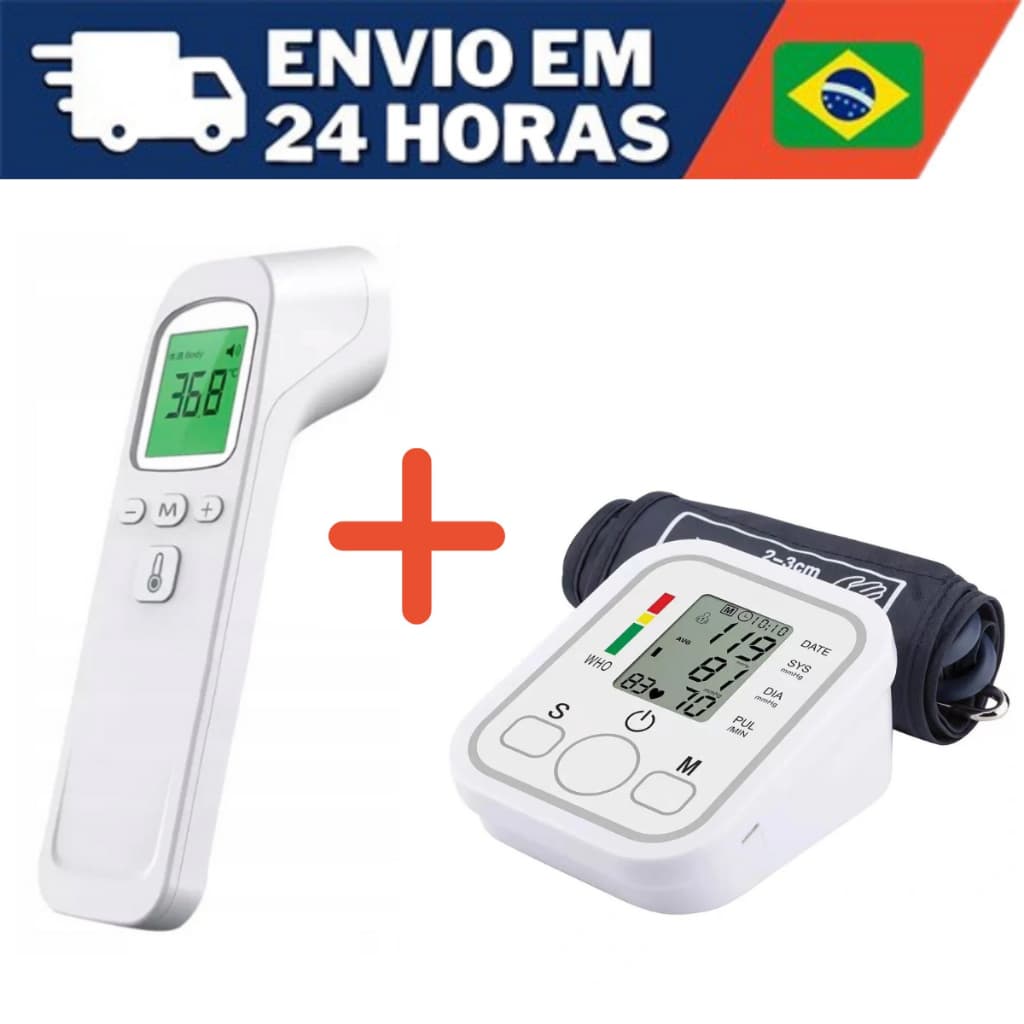 Kit com Esfigmomanômetro Aparelho Medidor de Pressão Digital + Termômetro De Medir Febre