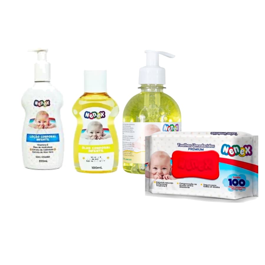 Kit Infantil com Loção + Óleo Corporal + Sabonete liquido + Lenço umedecido - Nenex
