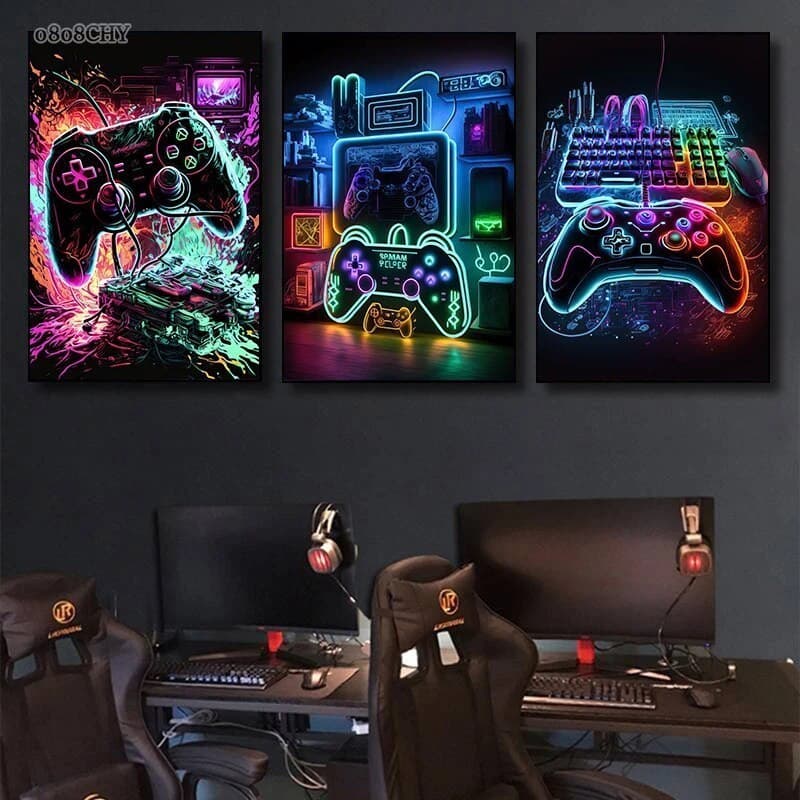 Kit Quadros Decorativos Mosaico 3 Peças Trio Gamer Jogo Online Vídeo Streamer Controles Play Pause