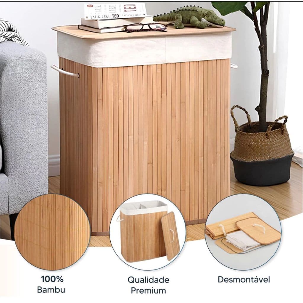 Cesto De Roupas Bambu Retangular Banheiro Lavanderia