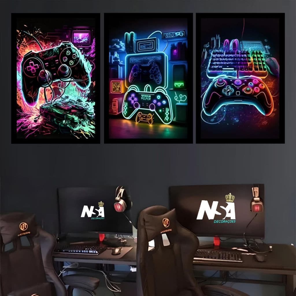 Kit quadros decorativos 3 peças hora do jogo vídeo game controles  para sala quarto escritório
