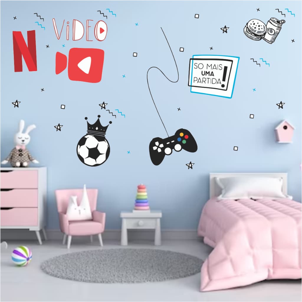 Adesivo Parede Divertido Bola de Futebol Hamburguer Controle de Video Game Decoração