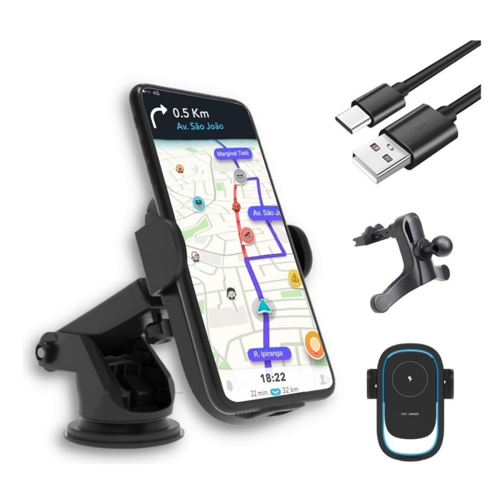 Suporte Celular Carro Carregador Sem Fio Led Azul Iphone Samsung 15w Saída Ar Vidro