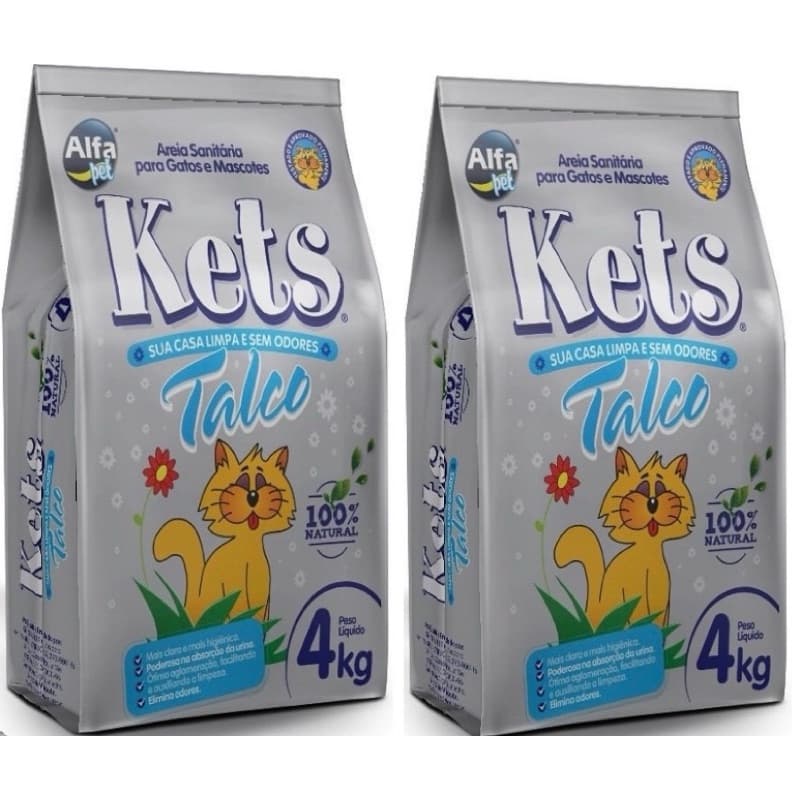 Kit C/ 2 pacotes Areia Sanitária Kets para Gatos Talco - 4kg cada Alfa Pet