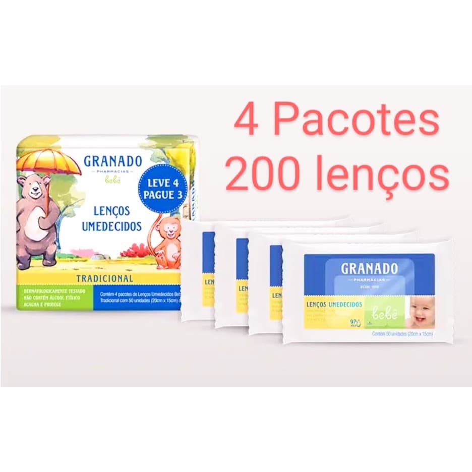 KIT DE LENÇOS UMEDECIDOS GRANADO TRADICIONAL-4 PACOTES DE LENÇOS COM 50 LENÇOS EM CADA PACOTE