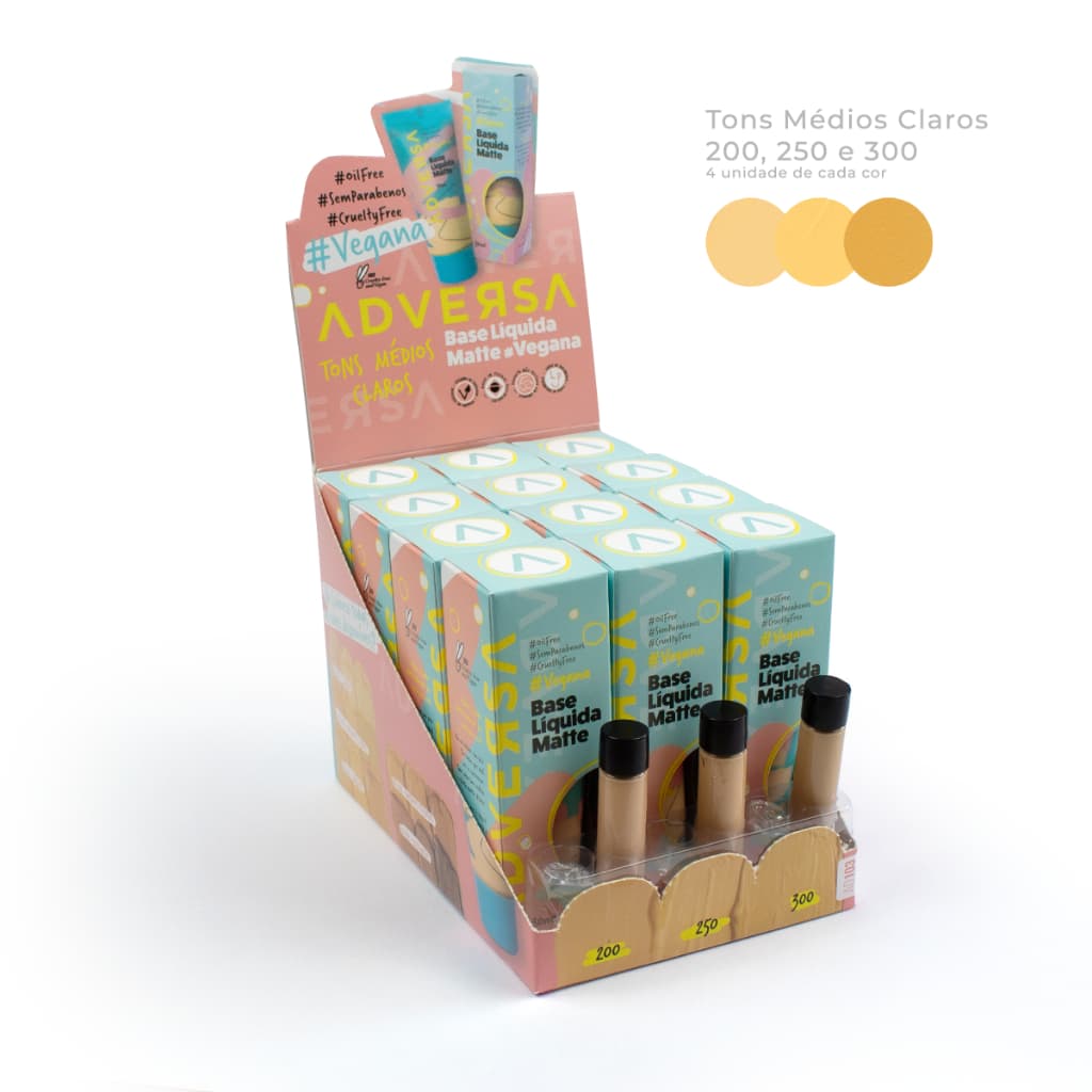 Base líquida matte vegana ADVERSA / Tons Médios Claros -  Display com 12 unidades e 3 provadores