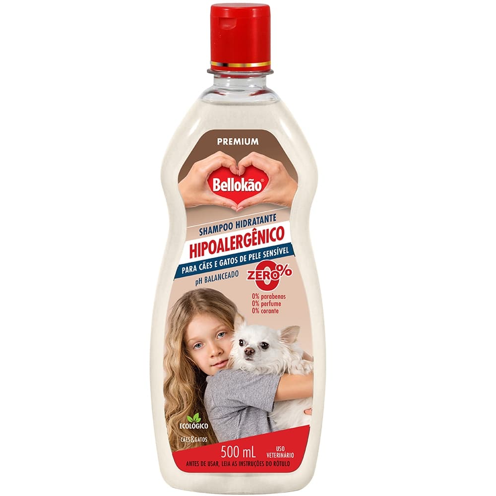 Shampoo Hipoalergenico Bellokão 500 mL - Indicado para Cães & Gatos com Hipersensibilidade na pele | 0% Parabenos | 0% Perfumes | 0% Corantes