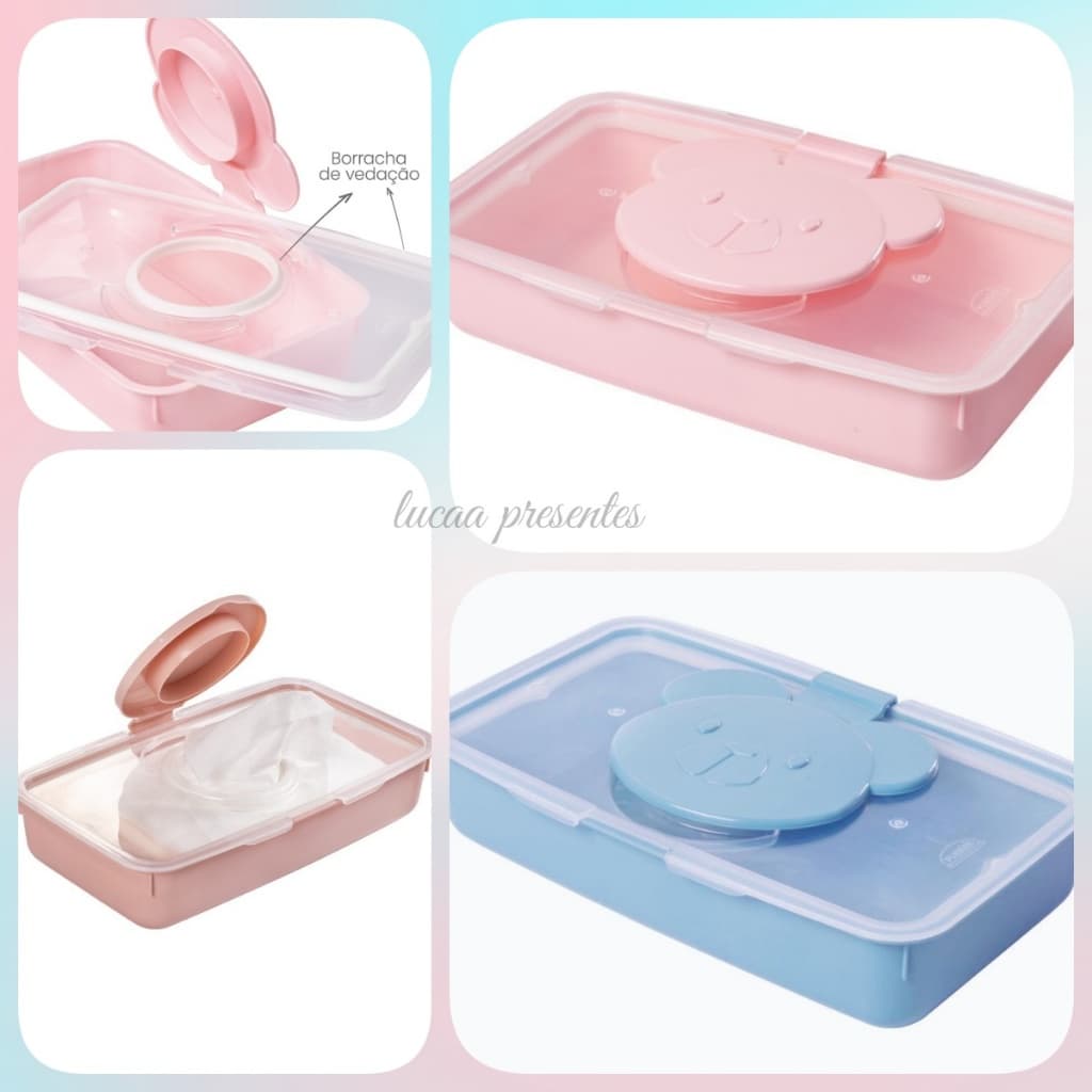 Porta Lenços Umedecidos Portátil Infantil Bebê Plásutil C/ Tampa ursos rosa e azul