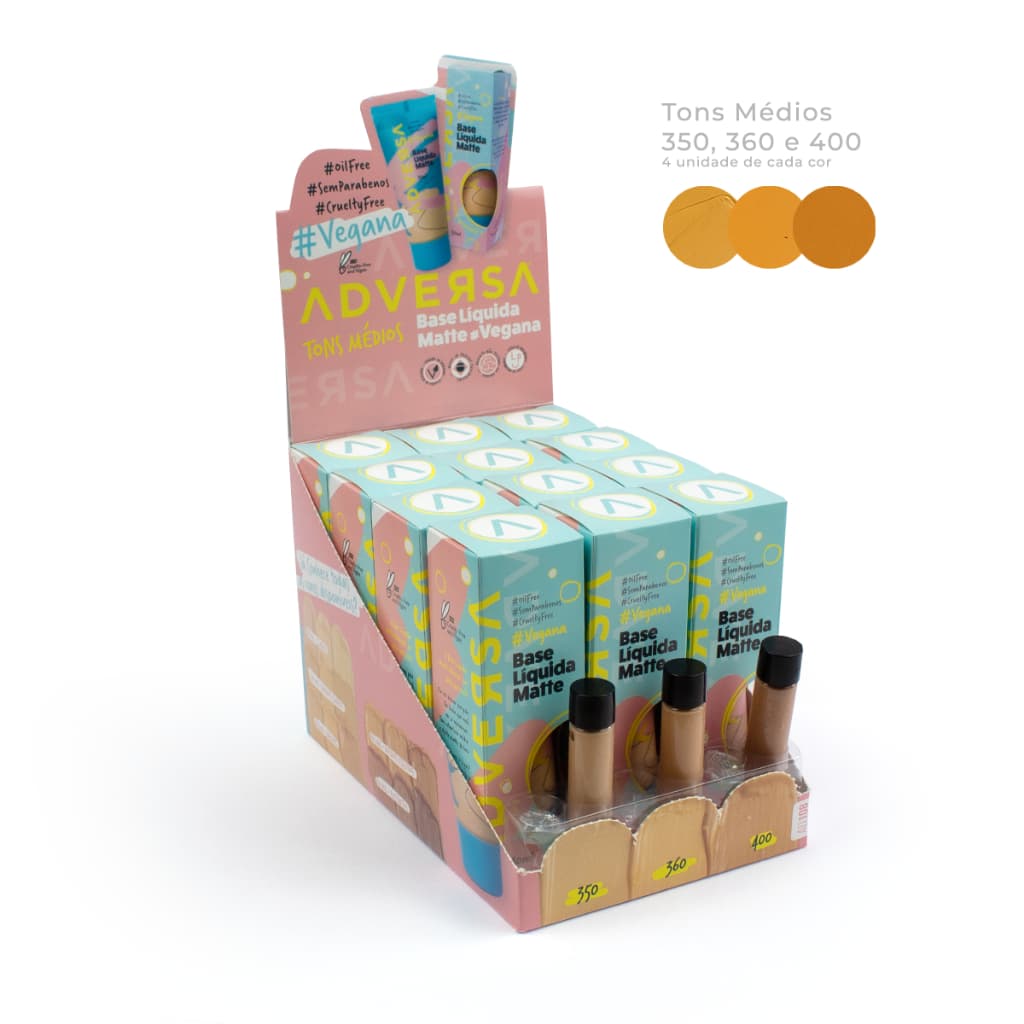 Base líquida matte vegana ADVERSA / Tons Médios -  Display com 12 unidades e 3 provadores
